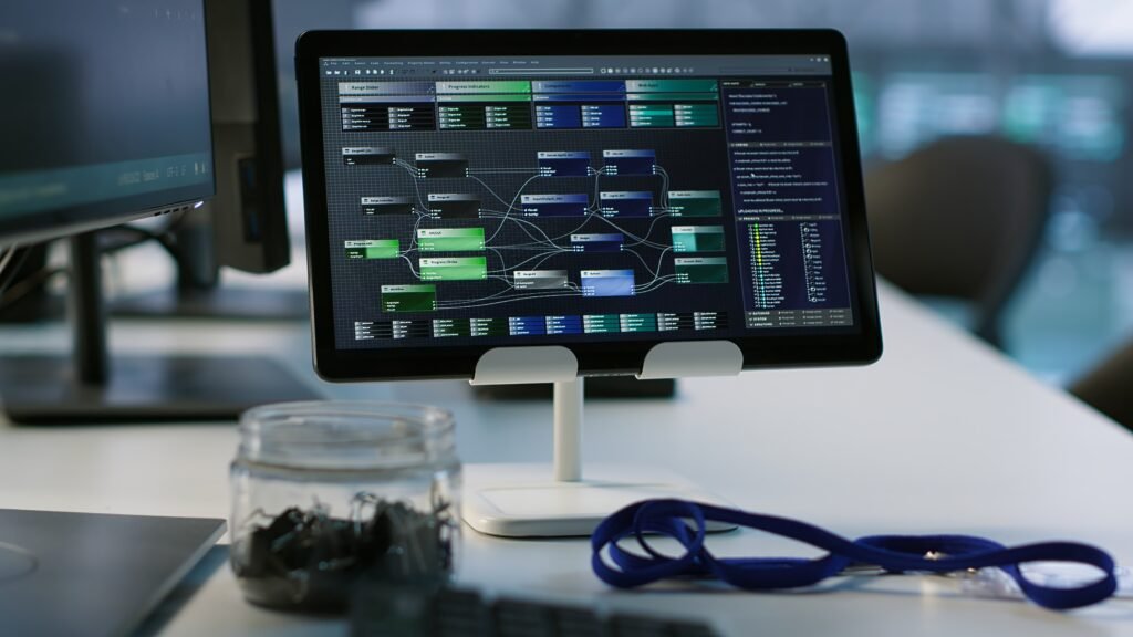 Close up of computer peripherals on server room desk
